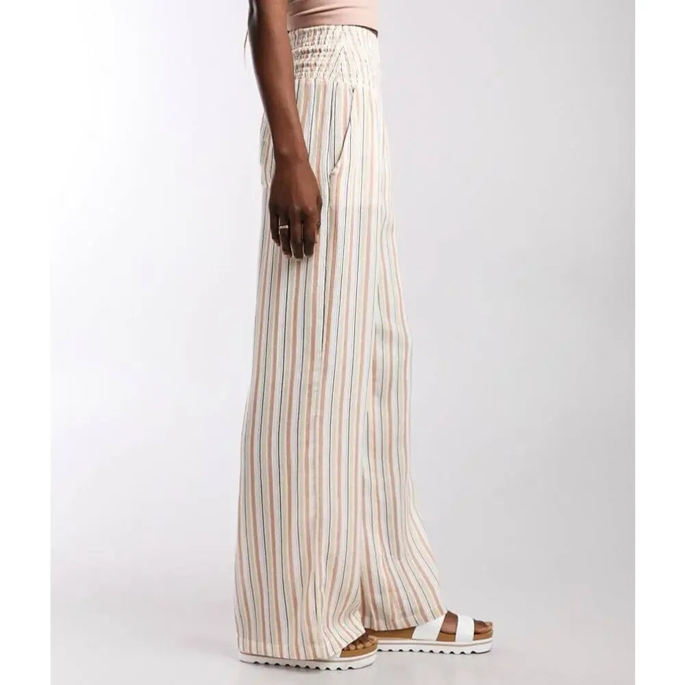 Billabong Pant Wide Leg New Waves Neutral Stripes Cotton Gauze Pockets Size Med - Picture 2 of 11
